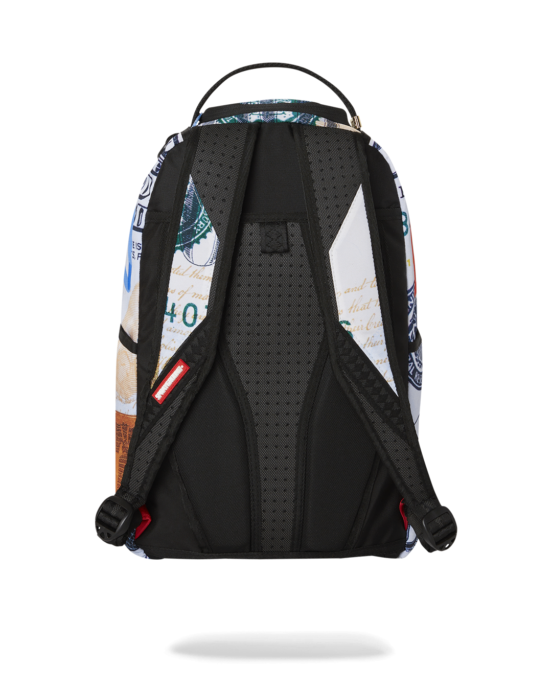 Front view of Sprayground money-print backpack with zippered pockets