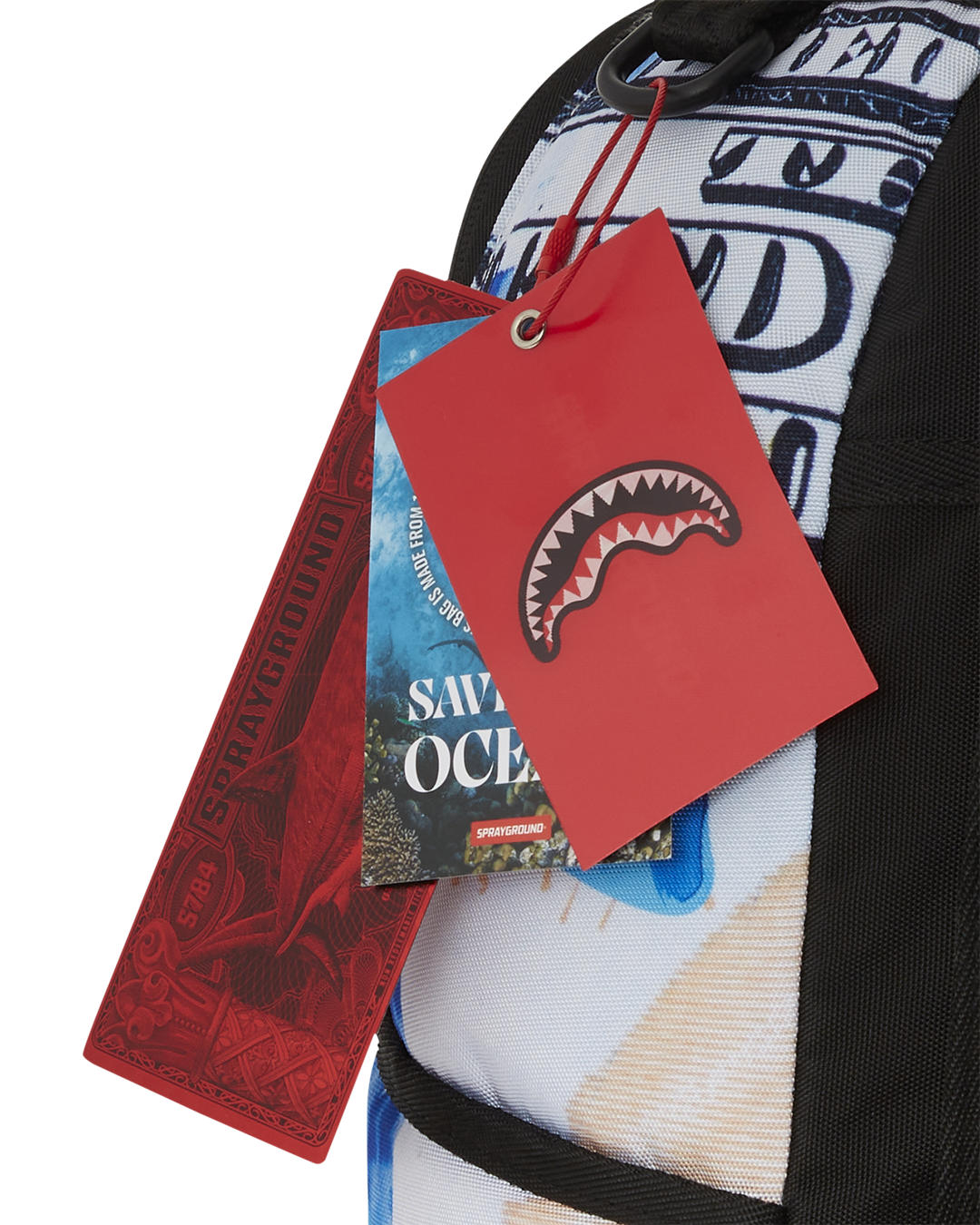 Front view of Sprayground money-print backpack with zippered pockets