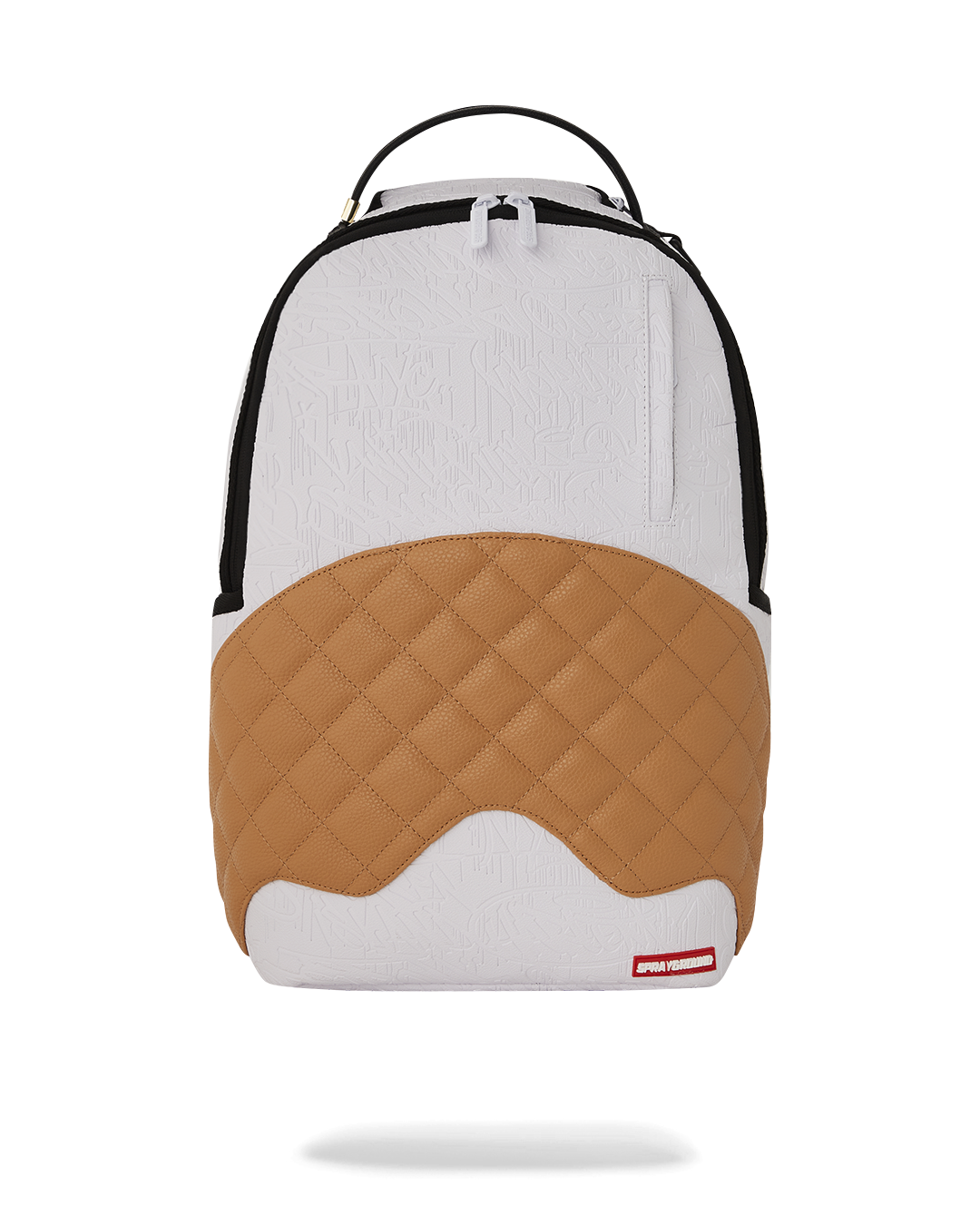 Front view of the faux leather backpack showcasing gold zippers and spacious compartments