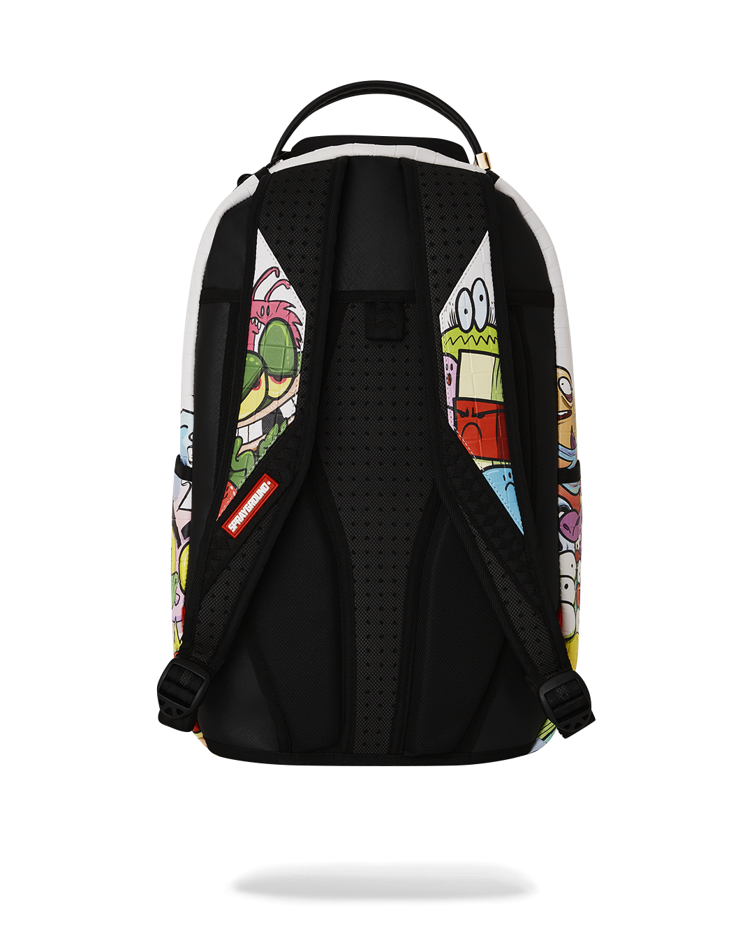 Front view of faux leather travel backpack with gold zippers