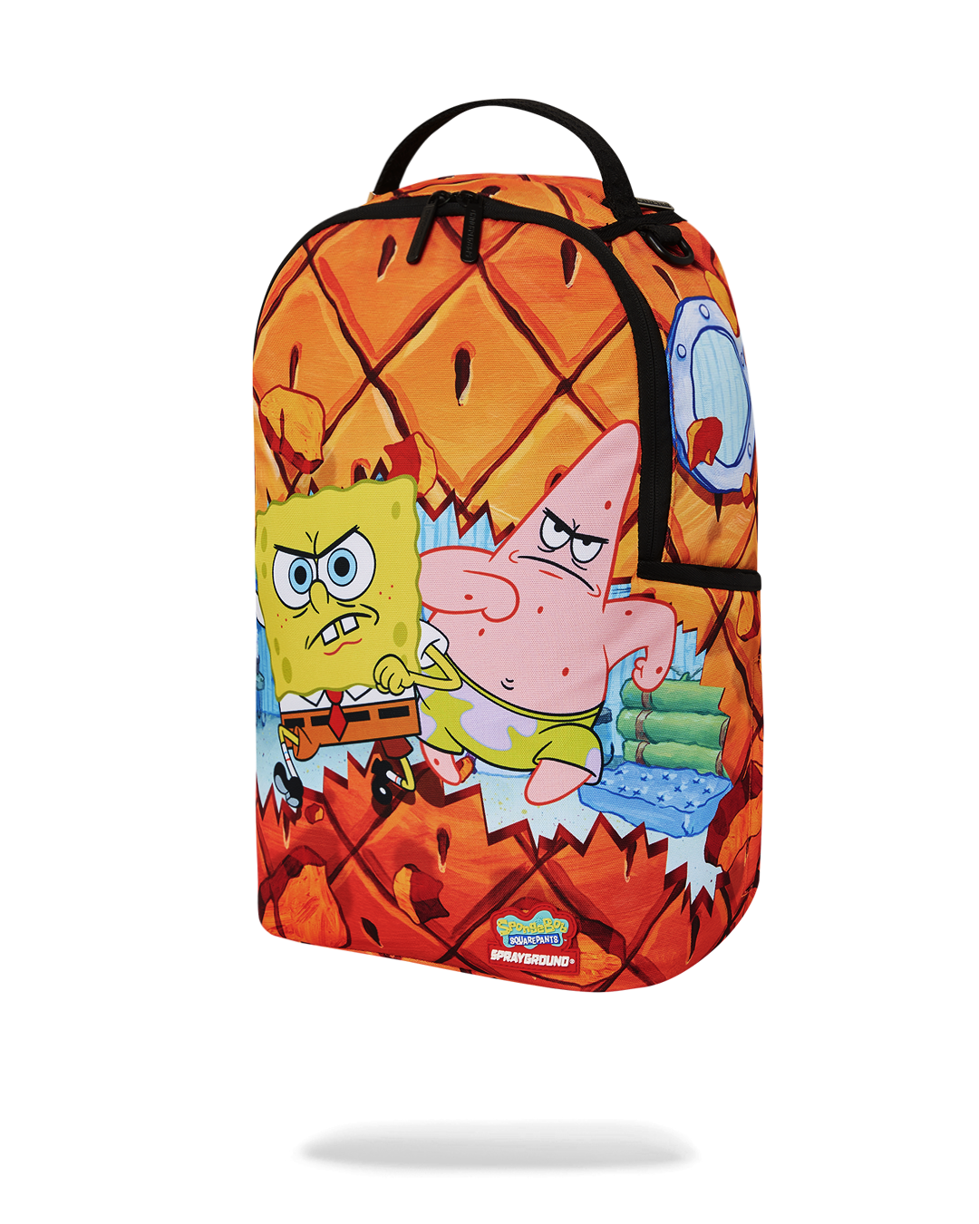 Sprayground SpongeBob backpack showing ergonomic mesh back padding and adjustable straps