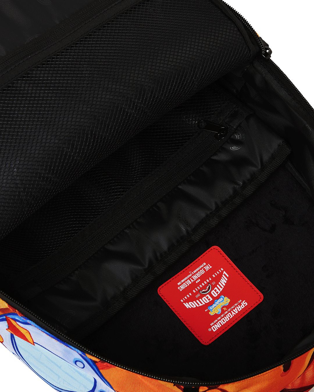 Sprayground SpongeBob backpack showing ergonomic mesh back padding and adjustable straps