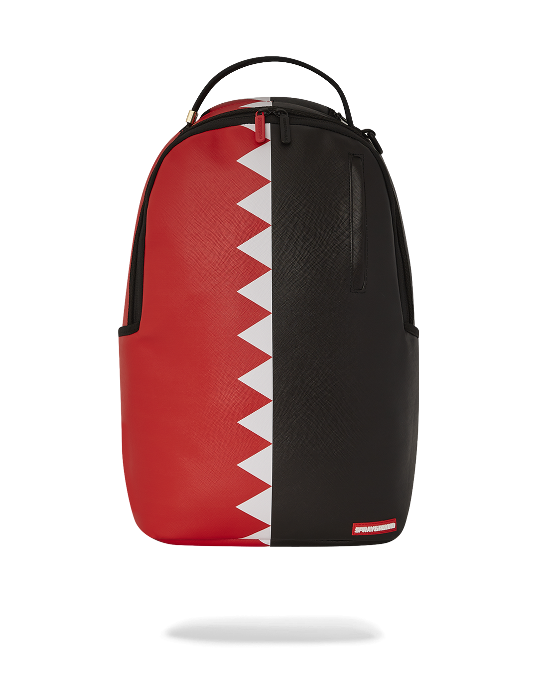 Front view of the ergonomic leather laptop backpack with gold zippers.
