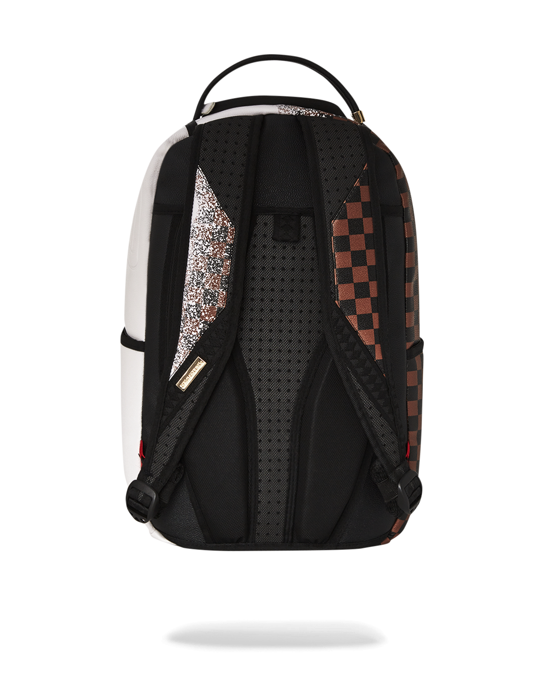 Front view of the faux leather travel backpack showcasing its sleek design and gold zippers.