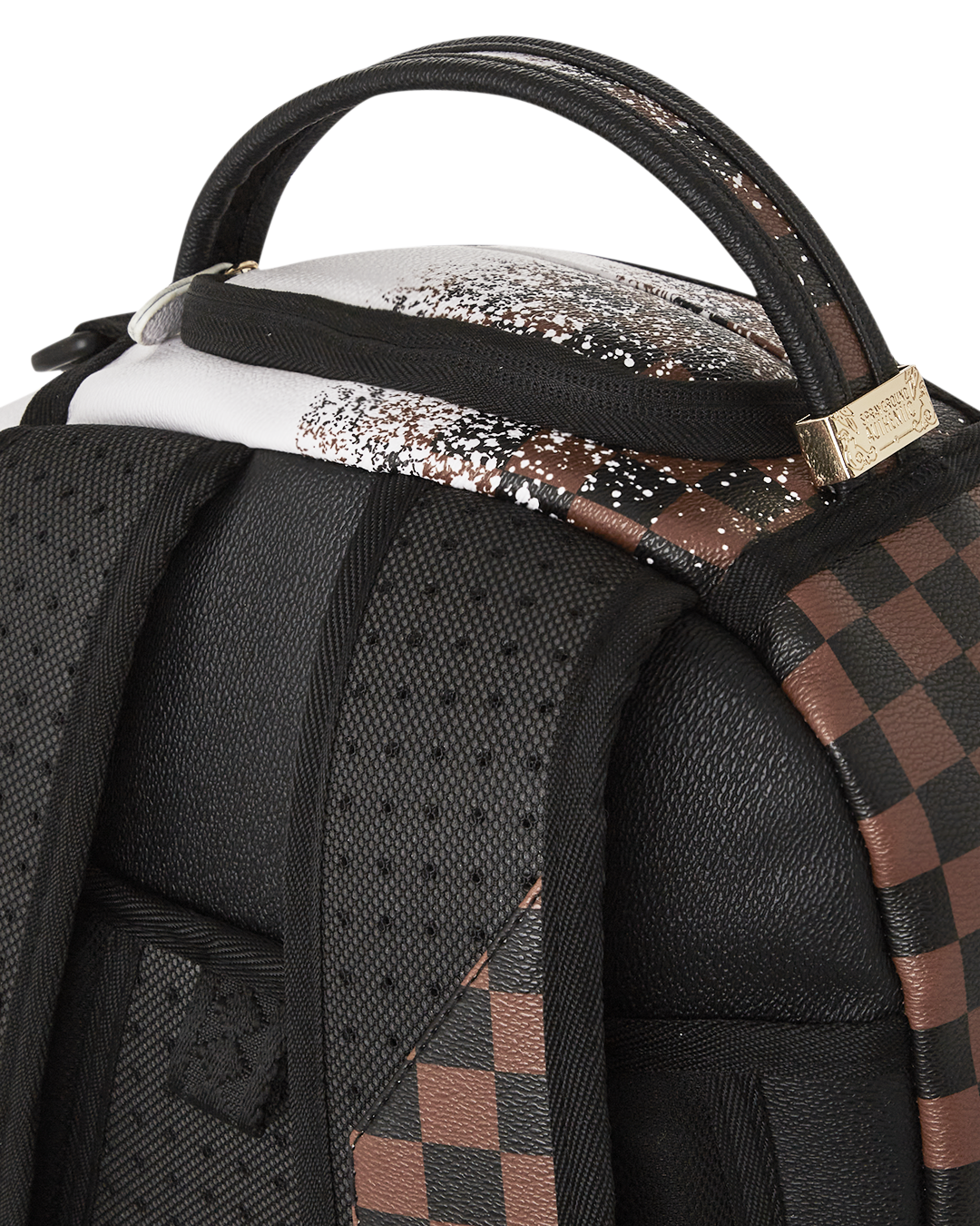 Front view of the faux leather travel backpack showcasing its sleek design and gold zippers.