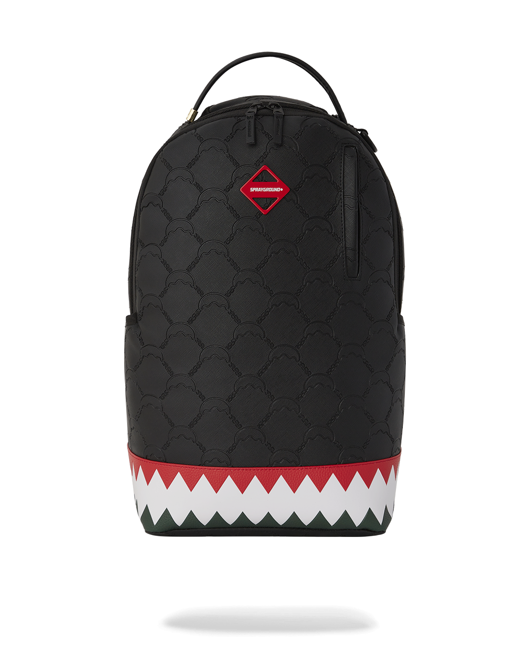 Faux leather exterior of the GO HARD OR GO HOME DLXSV backpack with gold zippers