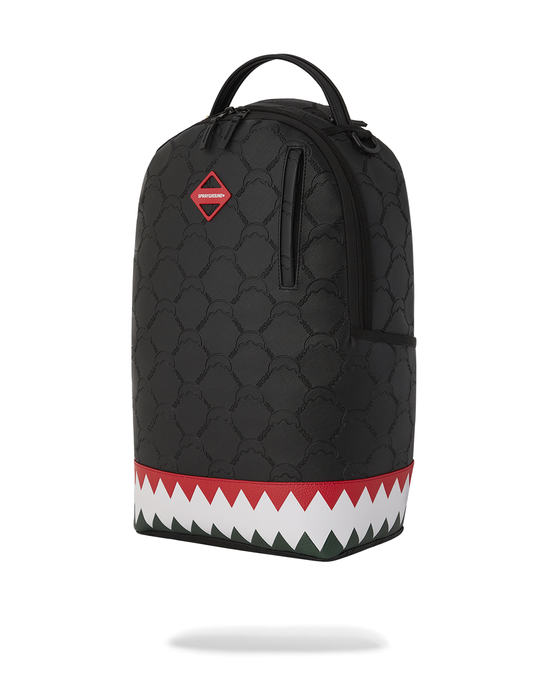 Faux leather exterior of the GO HARD OR GO HOME DLXSV backpack with gold zippers