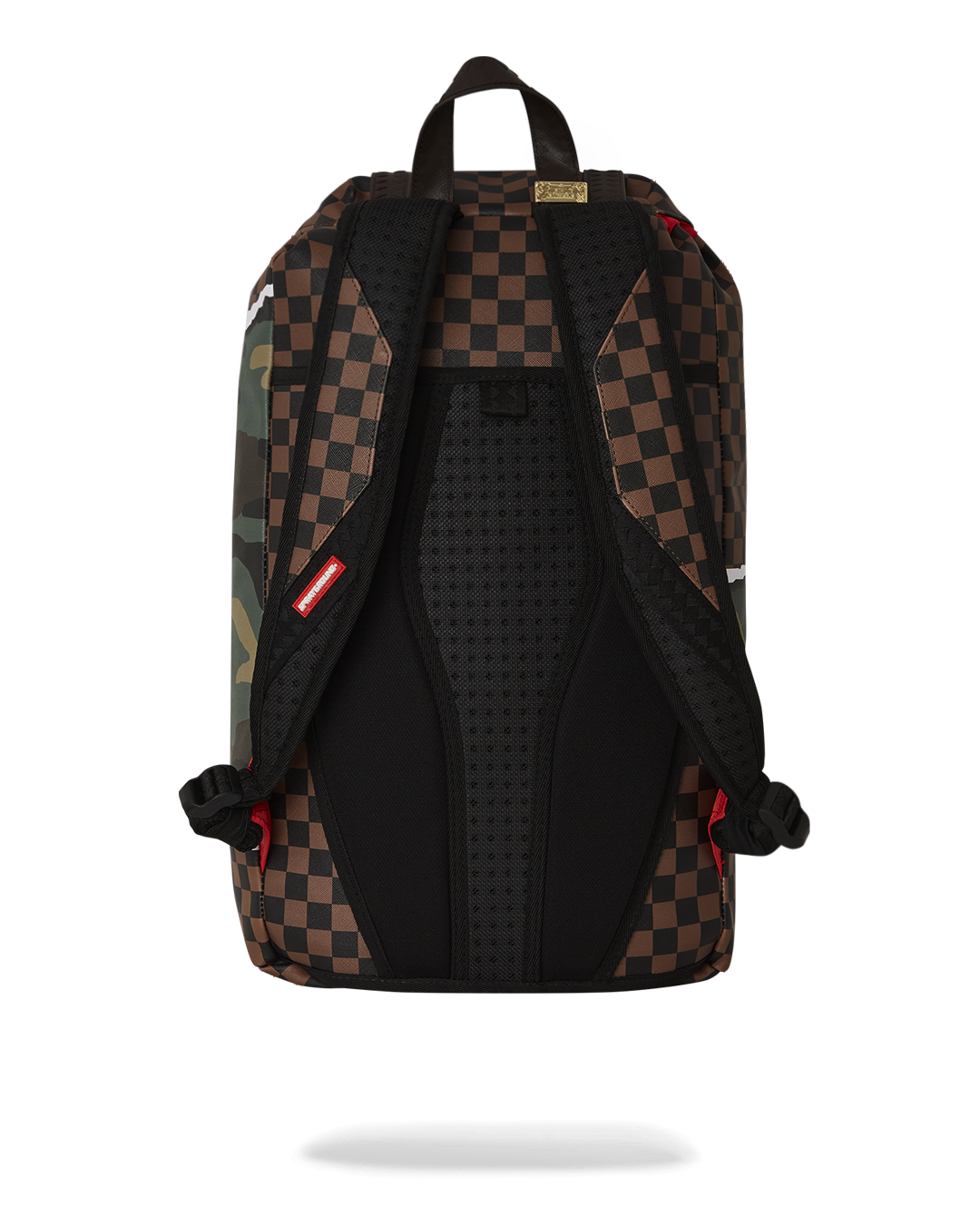 Backside of backpack showing slide-through luggage sleeve and mesh padding