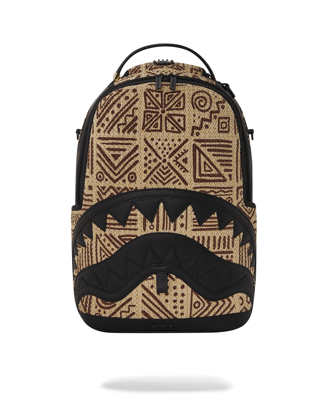 Sprayground A.I. PALM MIRAGE SHARK backpack front view with block printed raffia