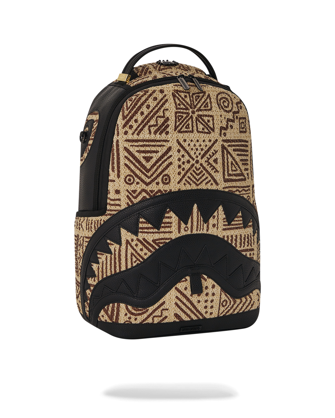 Sprayground clear backpack details with gold zippers and metal Sprayground Authentic badge