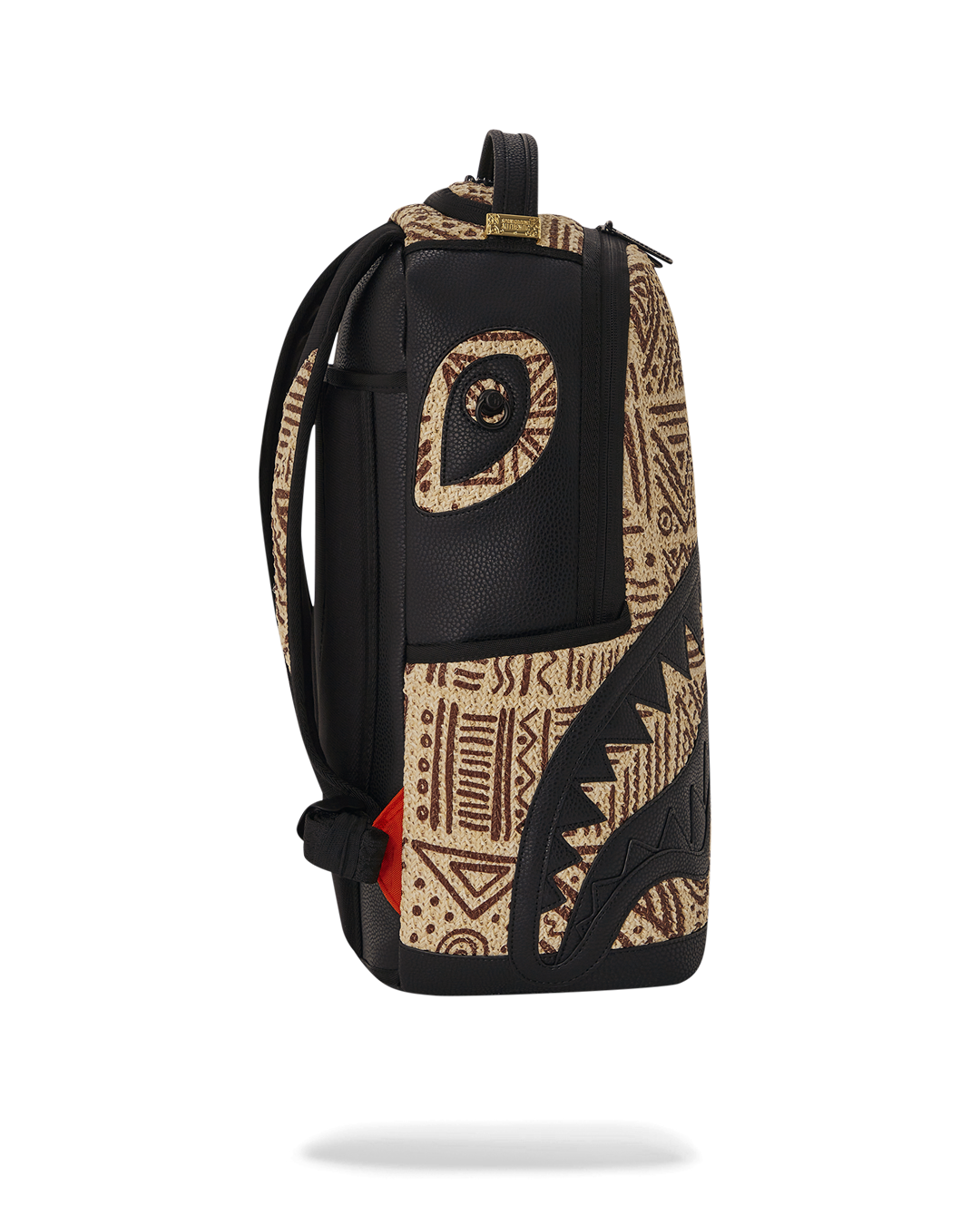 Sprayground African Intelligence backpack side view showing ergonomic mesh back padding