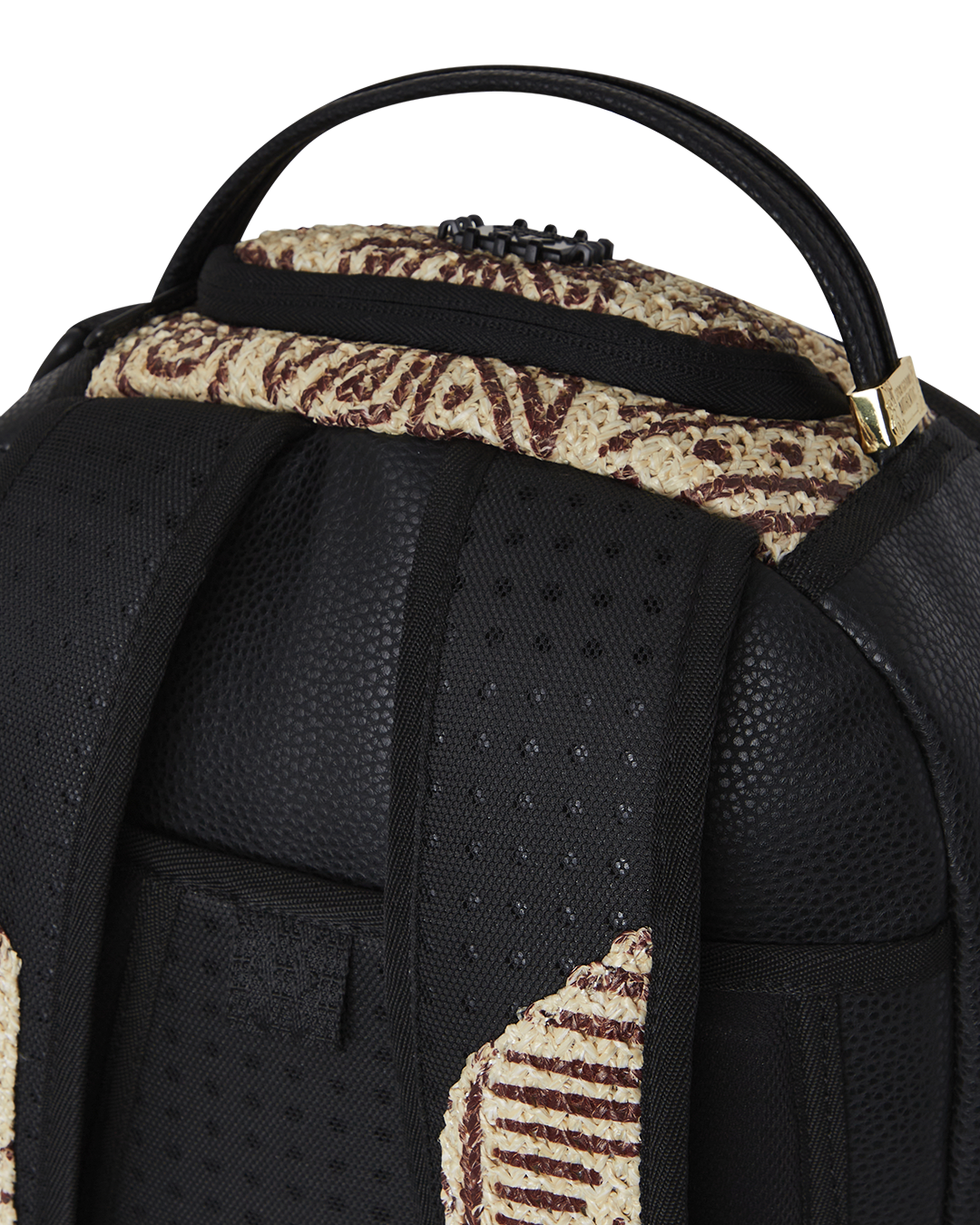 Sprayground A.I. PALM MIRAGE SHARK backpack front view with block printed raffia