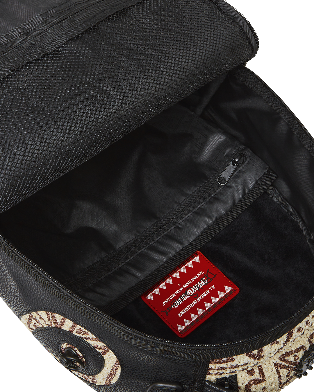 Sprayground African Intelligence backpack side view showing ergonomic mesh back padding