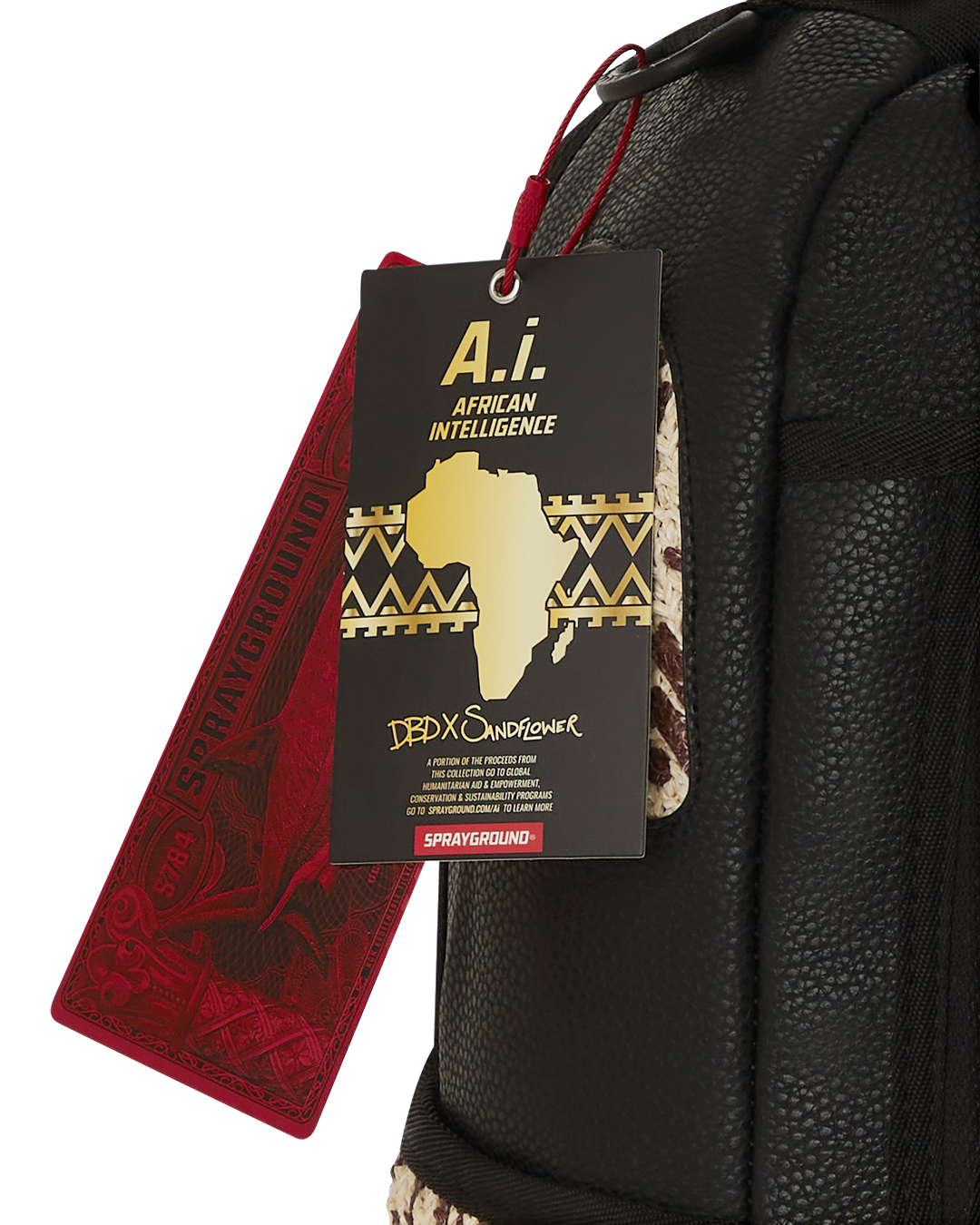 Sprayground A.I. PALM MIRAGE SHARK backpack front view with block printed raffia