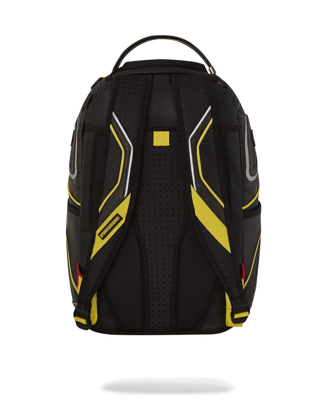 Close-up of the gold zippers and metal hardware on the faux leather backpack