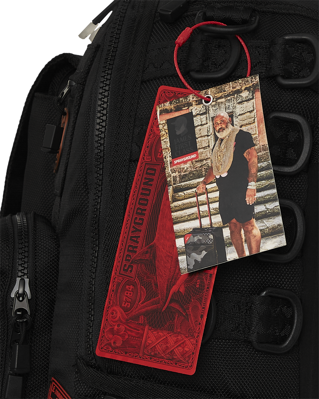 Close-up of faux leather exterior with gold zippers on the backpack