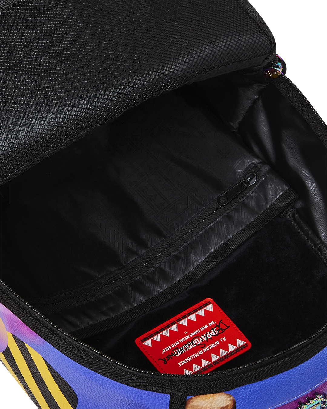 Close-up of the A.I. backpacks ergonomic straps and iridescent hardware.