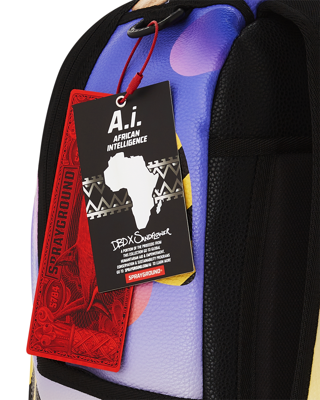 Close-up of the A.I. backpacks ergonomic straps and iridescent hardware.
