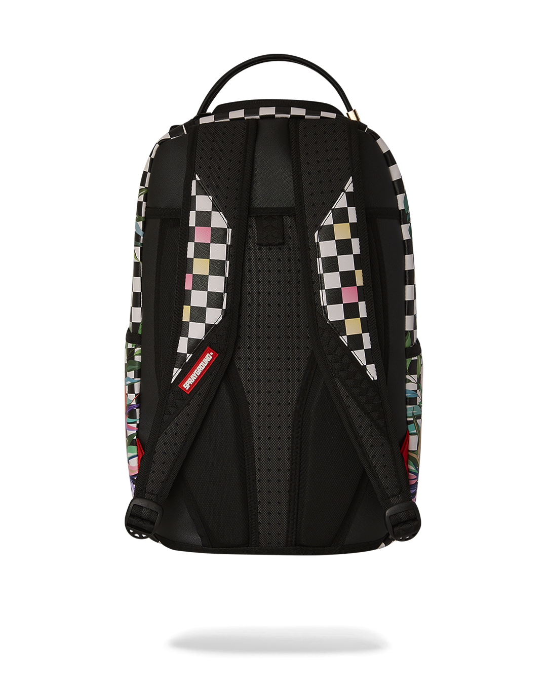 Side profile of faux leather backpack with gold zippers