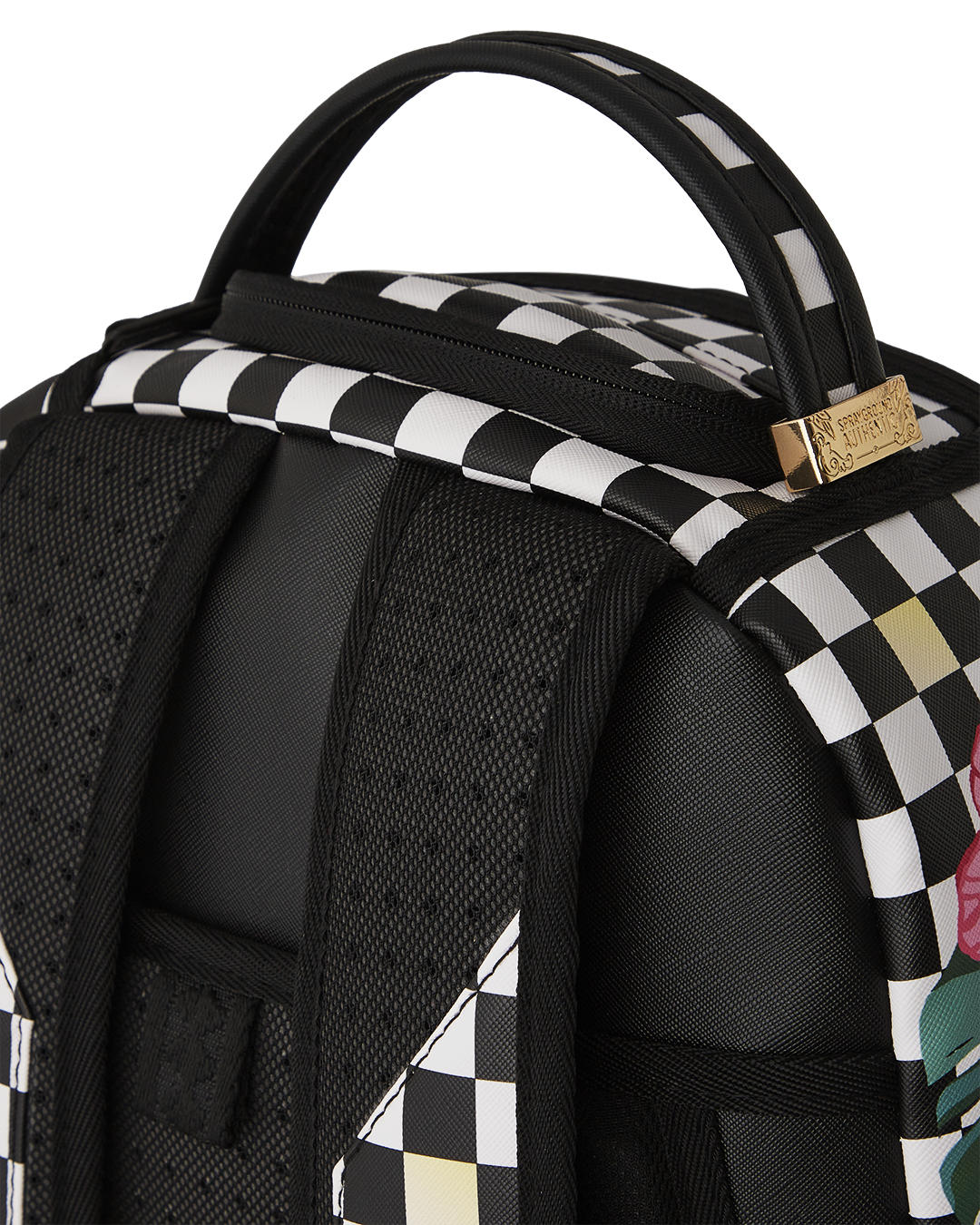 Side profile of faux leather backpack with gold zippers