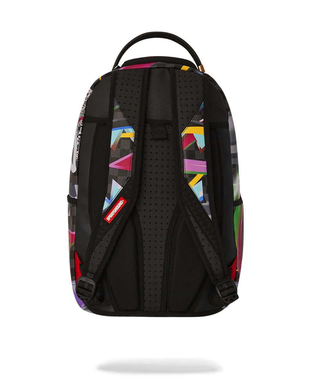 Close-up of Sprayground shark backpack’s gold zippers and textured faux leather