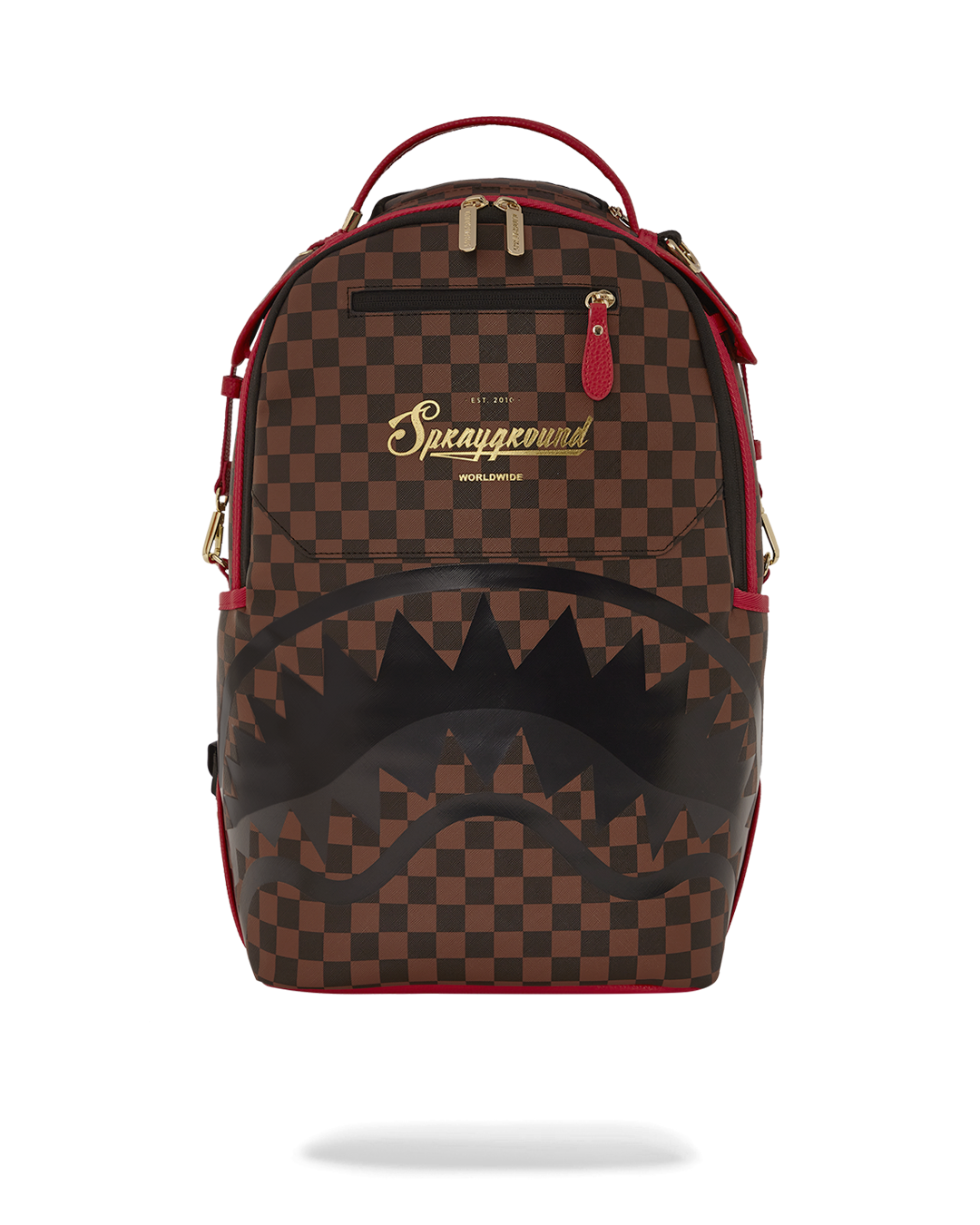 Close-up of the luxury backpack’s gold foil detailing and zippers