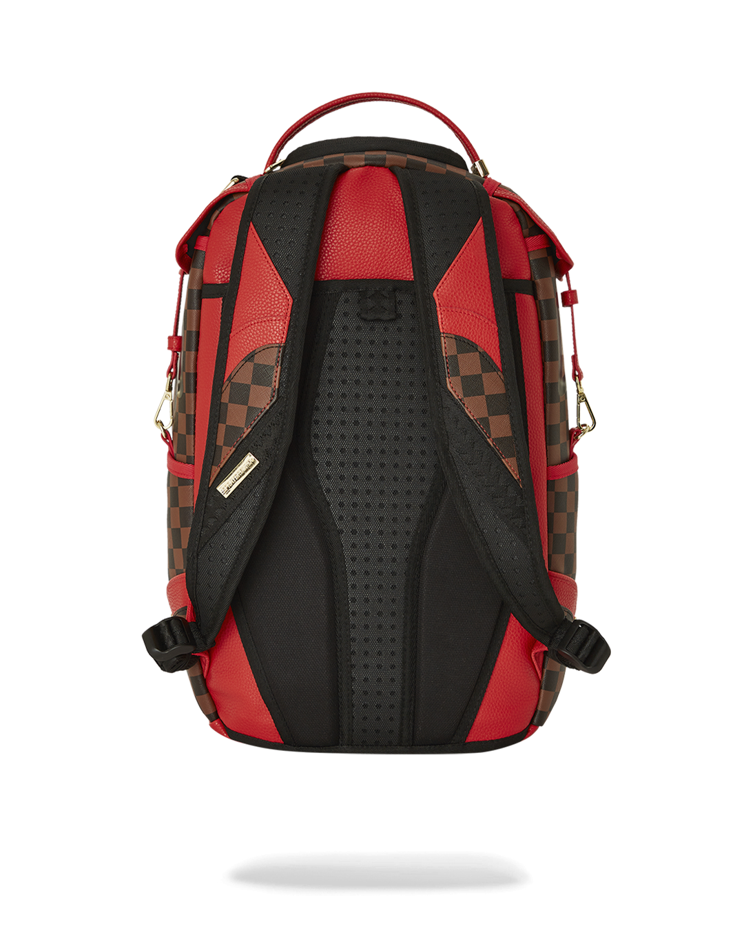 Close-up of the luxury backpack’s gold foil detailing and zippers