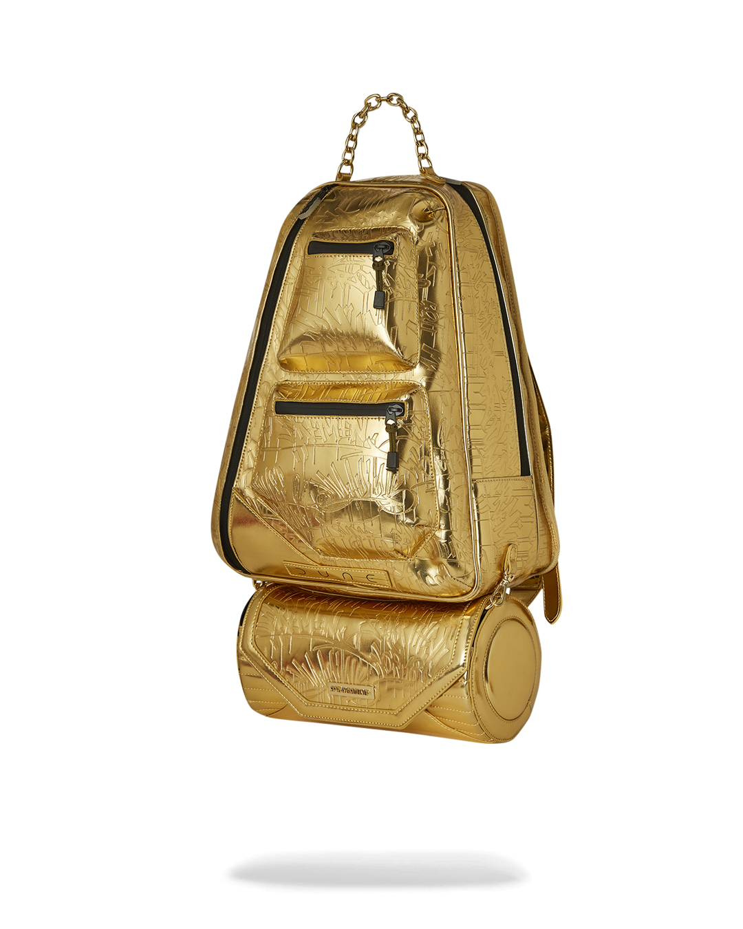 Close-up of the Dune backpack, highlighting its embossed PVC leather.