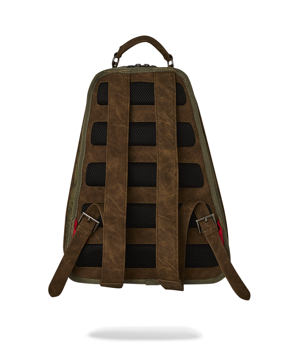 Top view of backpack interior showing mesh compartment and rugged stitching