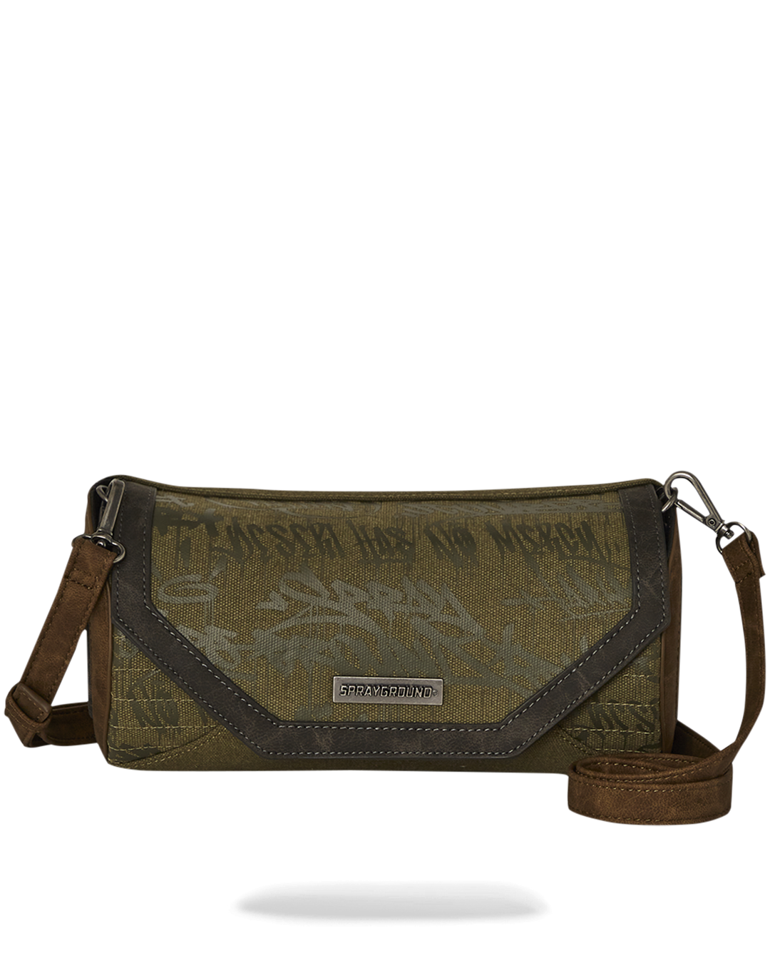 Side angle of canvas backpack set showing pocket details and print