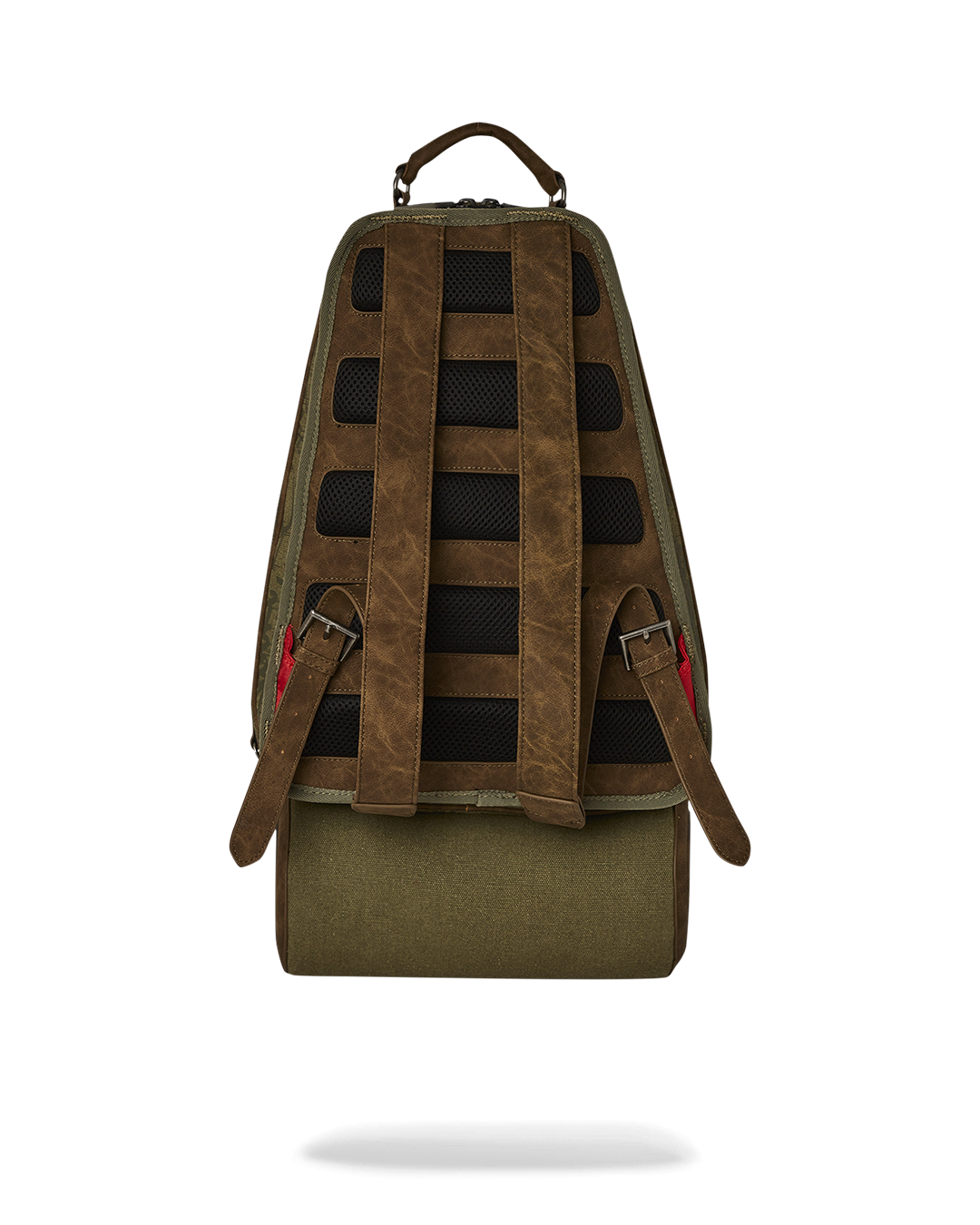 Side angle of canvas backpack set showing pocket details and print