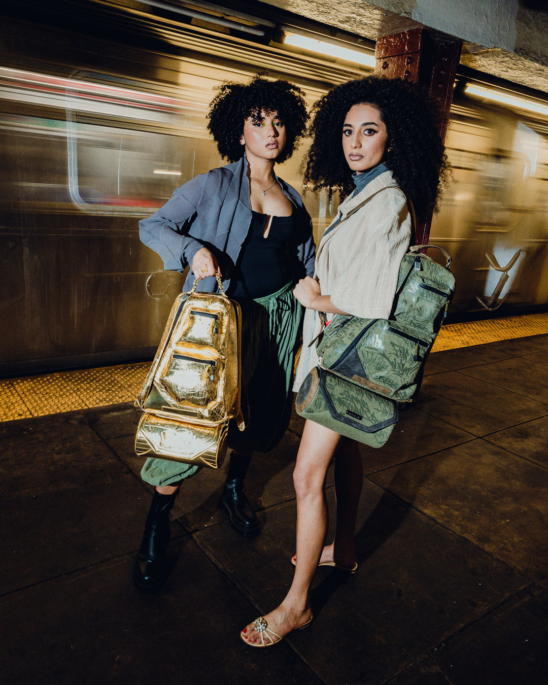 Side angle of canvas backpack set showing pocket details and print