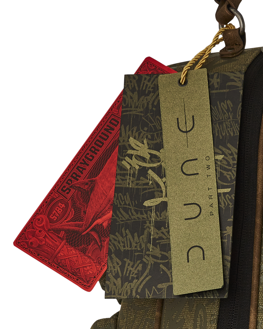 Side angle of canvas backpack set showing pocket details and print