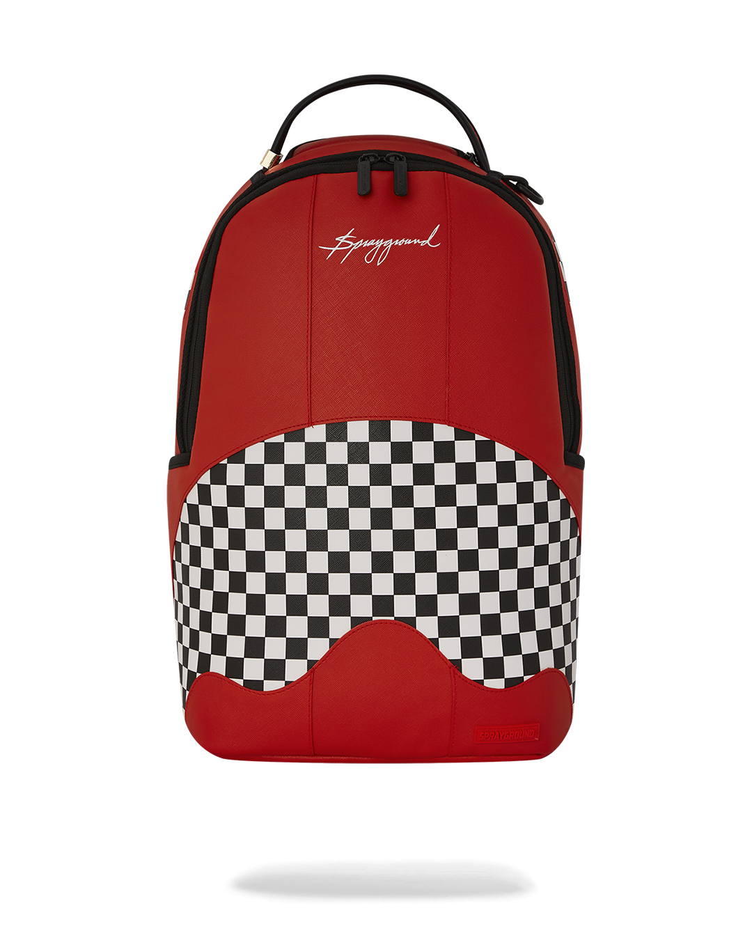 Side view of Rogue Racer backpack showing checker print and side pockets