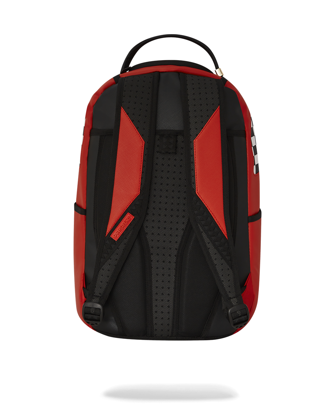 Side view of Rogue Racer backpack showing checker print and side pockets