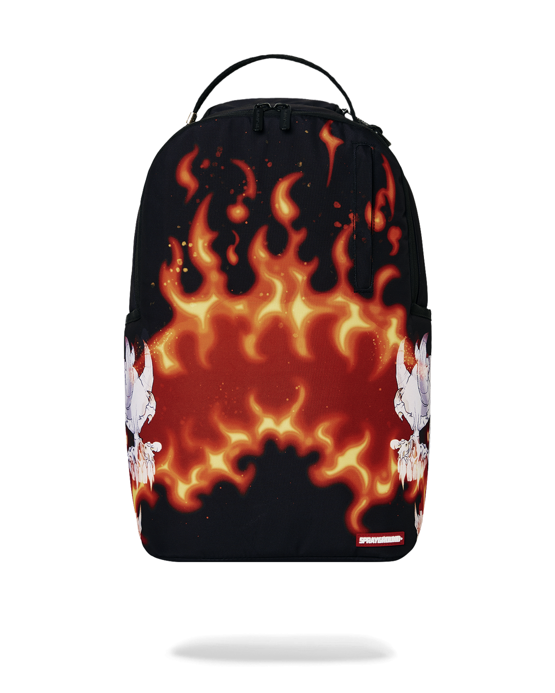 Sprayground Firestarter backpack open, showcasing laptop compartment and pockets