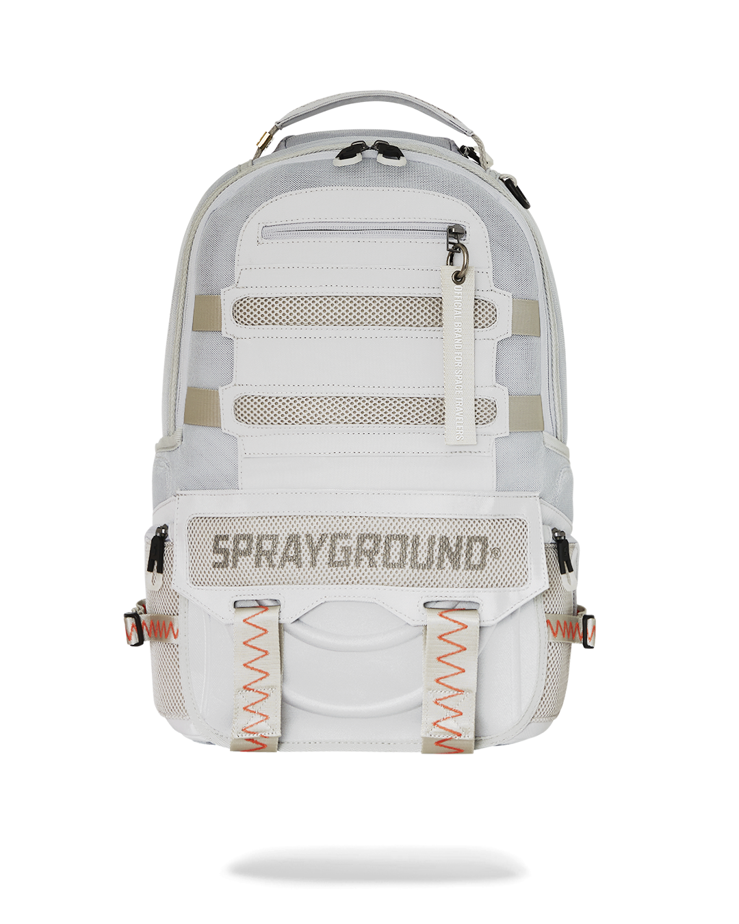 Close-up of the faux leather exterior with quilted sports mesh and metal hardware