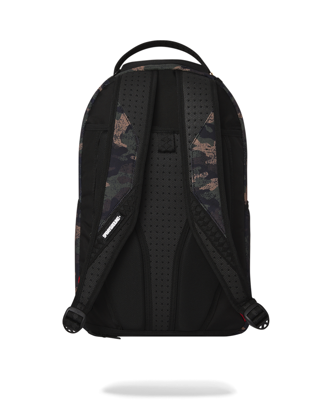 Front view of Sprayground DLXSR backpack with pink fade and gold hardware