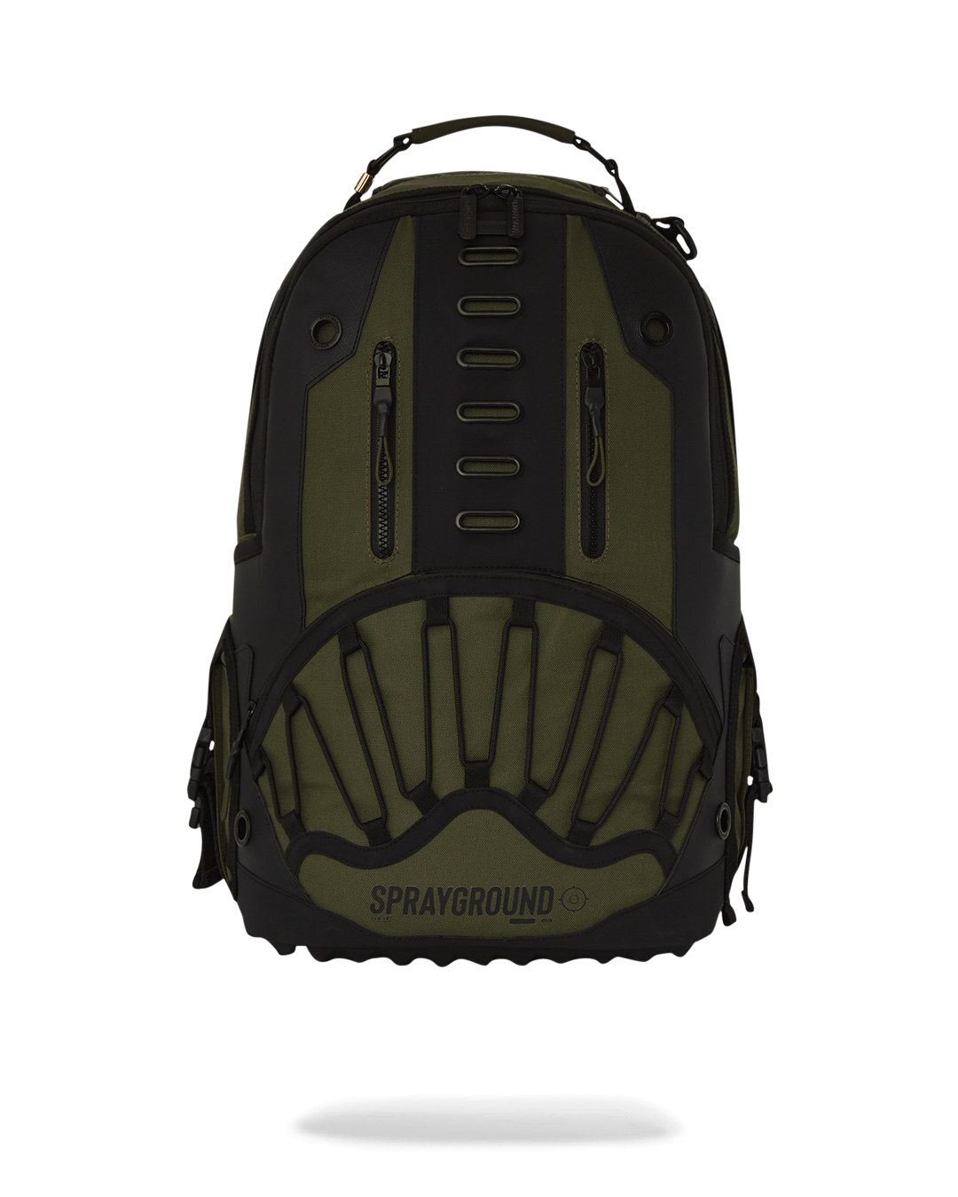 Close-up of BAPE shark backpack's textured faux leather and metal zippers