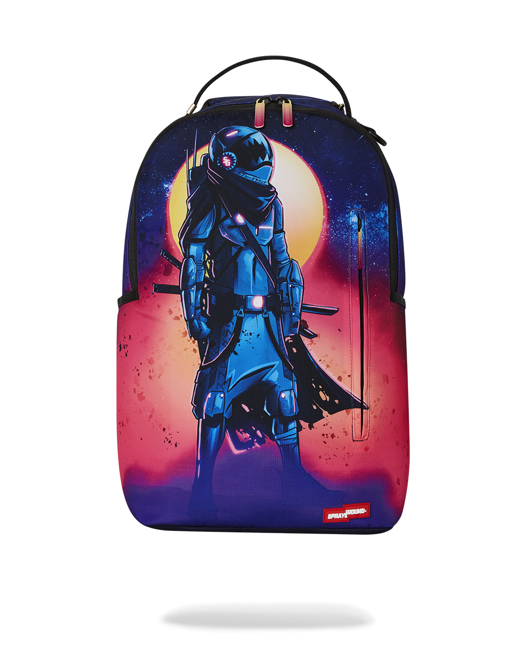 MOONDIVER Infinite Suns backpack front view, showcasing the front zipper pocket and Sprayground Authentic badge