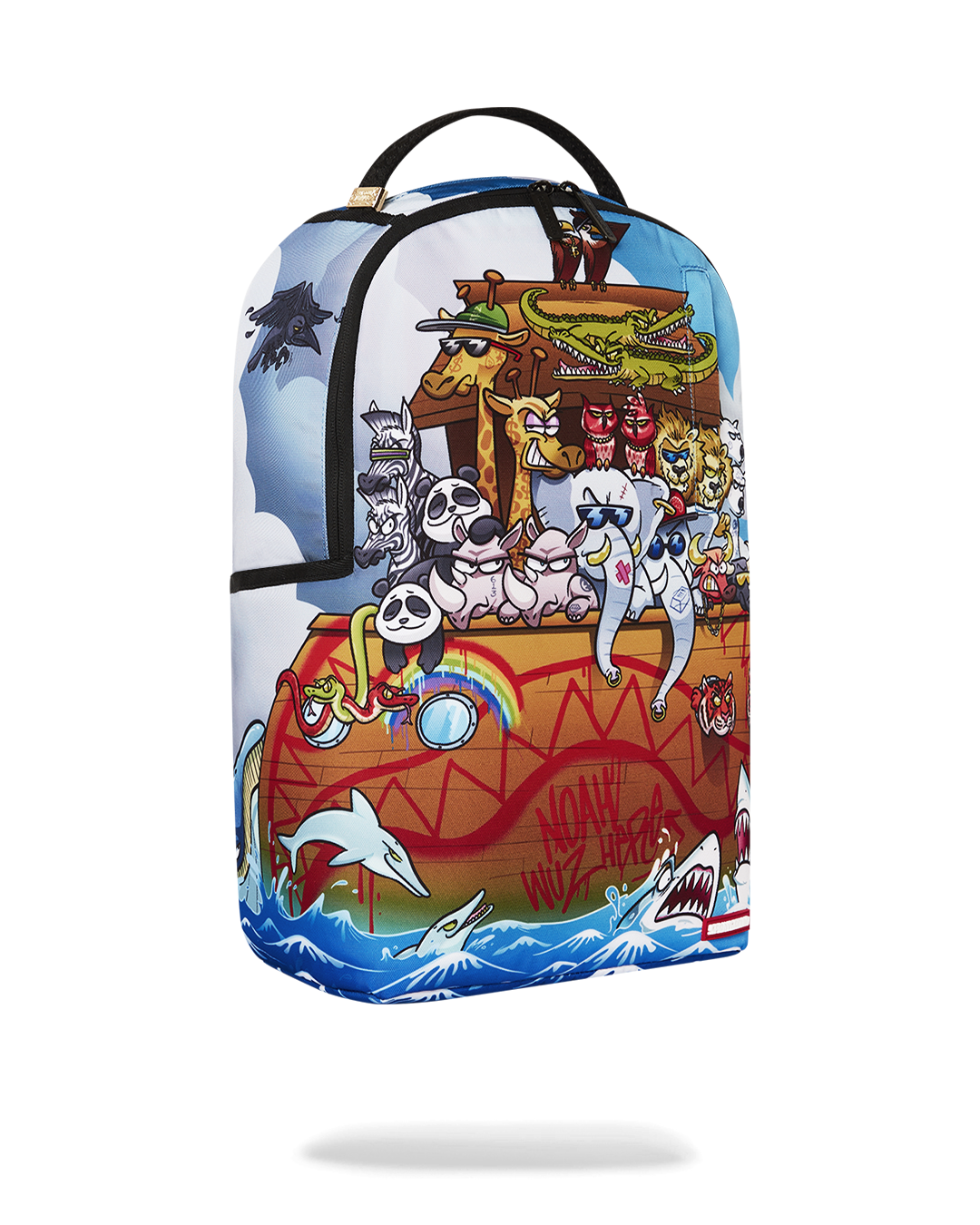 Clear Sprayground backpack with visible contents, showcasing organized storage and durability