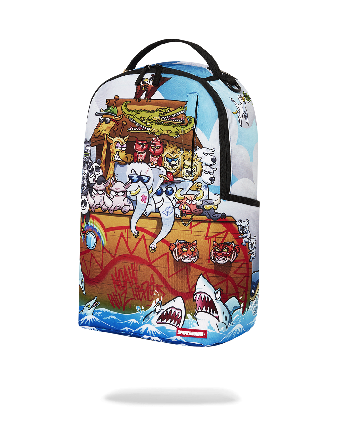 Clear Sprayground backpack with visible contents, showcasing organized storage and durability