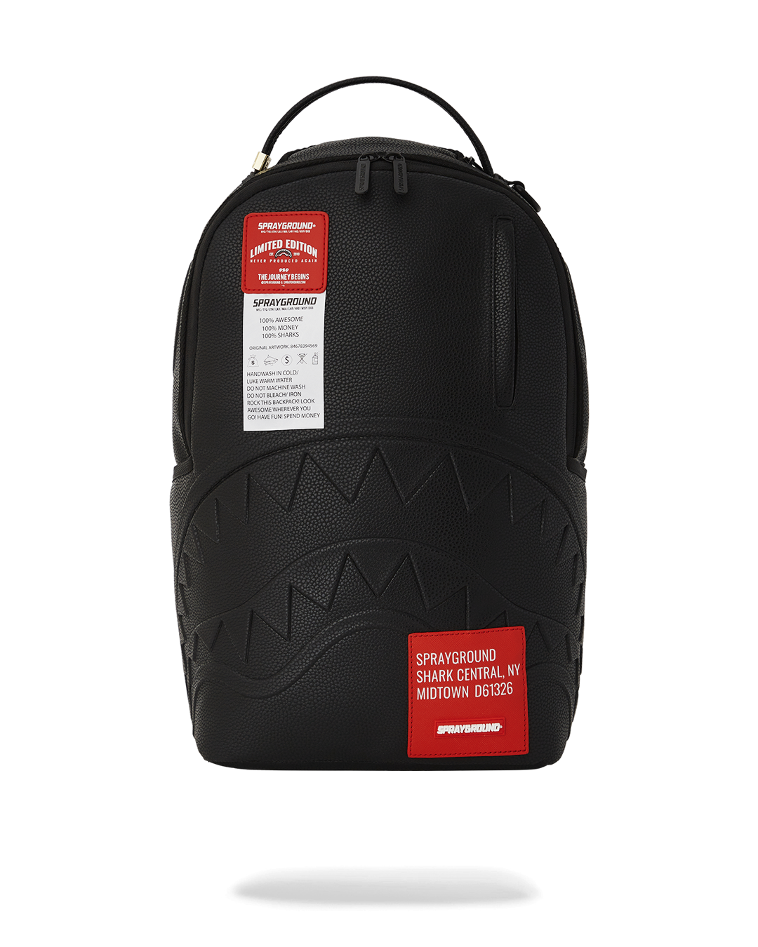 DLXV faux leather backpack front view with gold zippers and badge