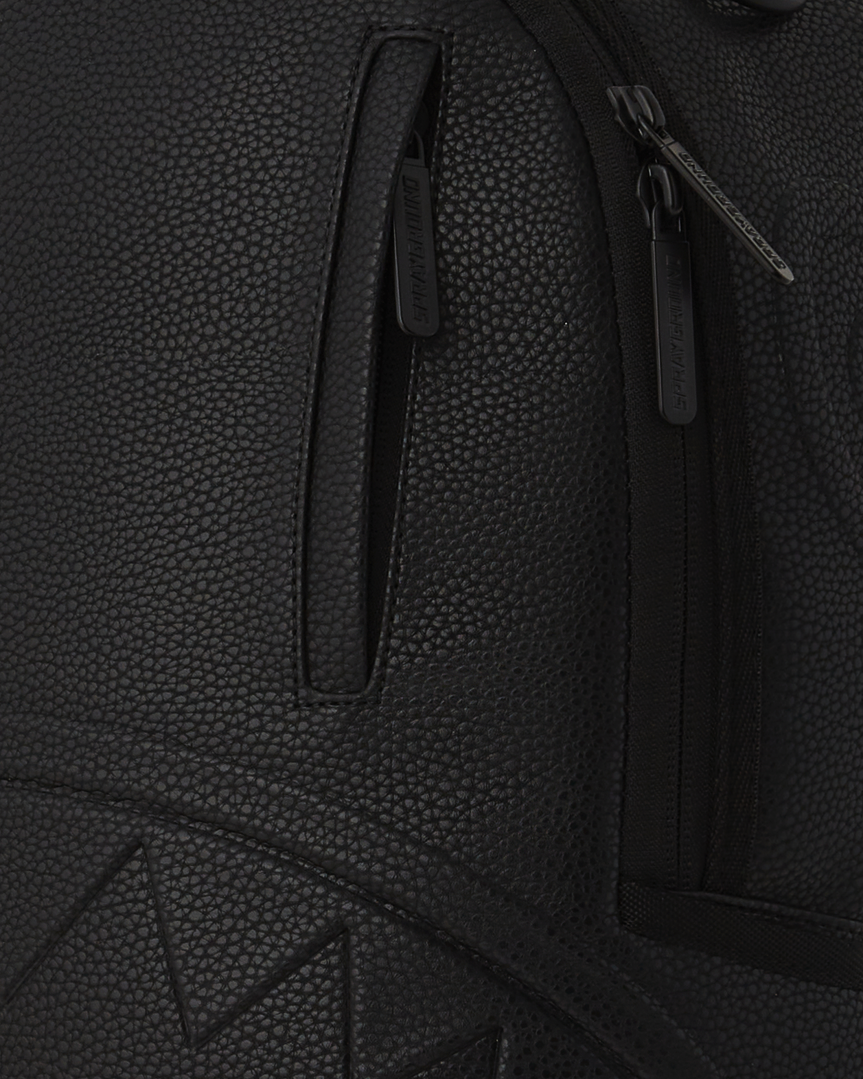 DLXV faux leather backpack front view with gold zippers and badge