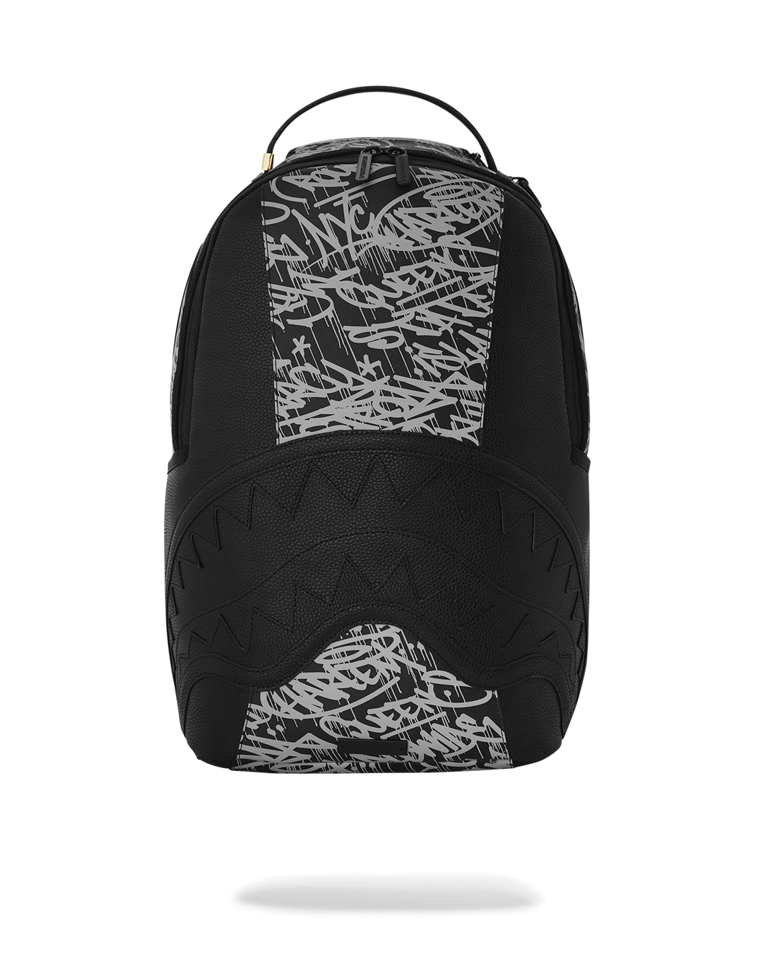 Front view of faux leather backpack showing gold zippers and external pockets