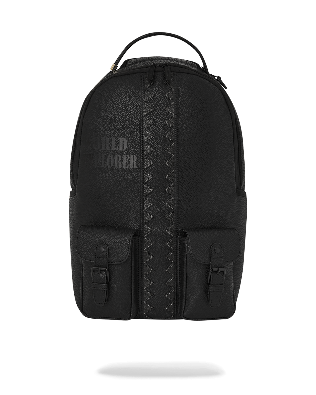 Sleek faux leather backpack with front cargo pockets and gold hardware, ideal for travelers