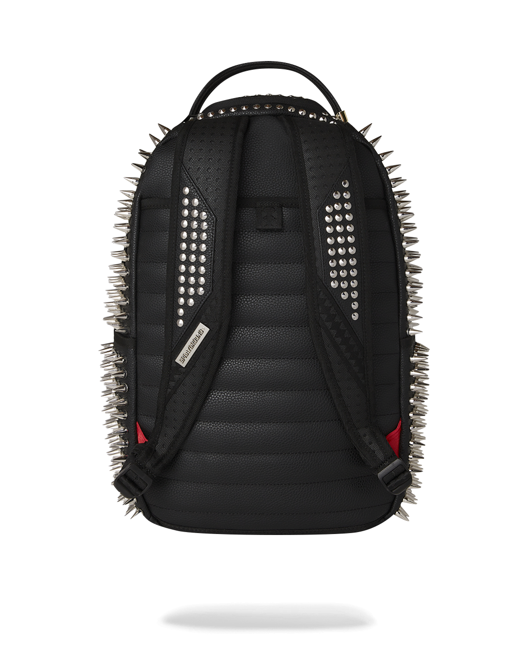 Front view of the pink Sprayground faux leather backpack with spikes.