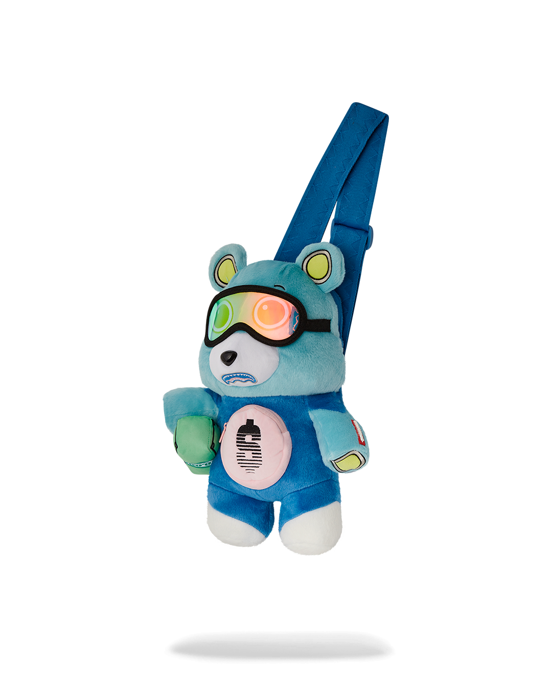 Close-up of embroidered ears and iridescent goggles on crossbody bag front pocket
