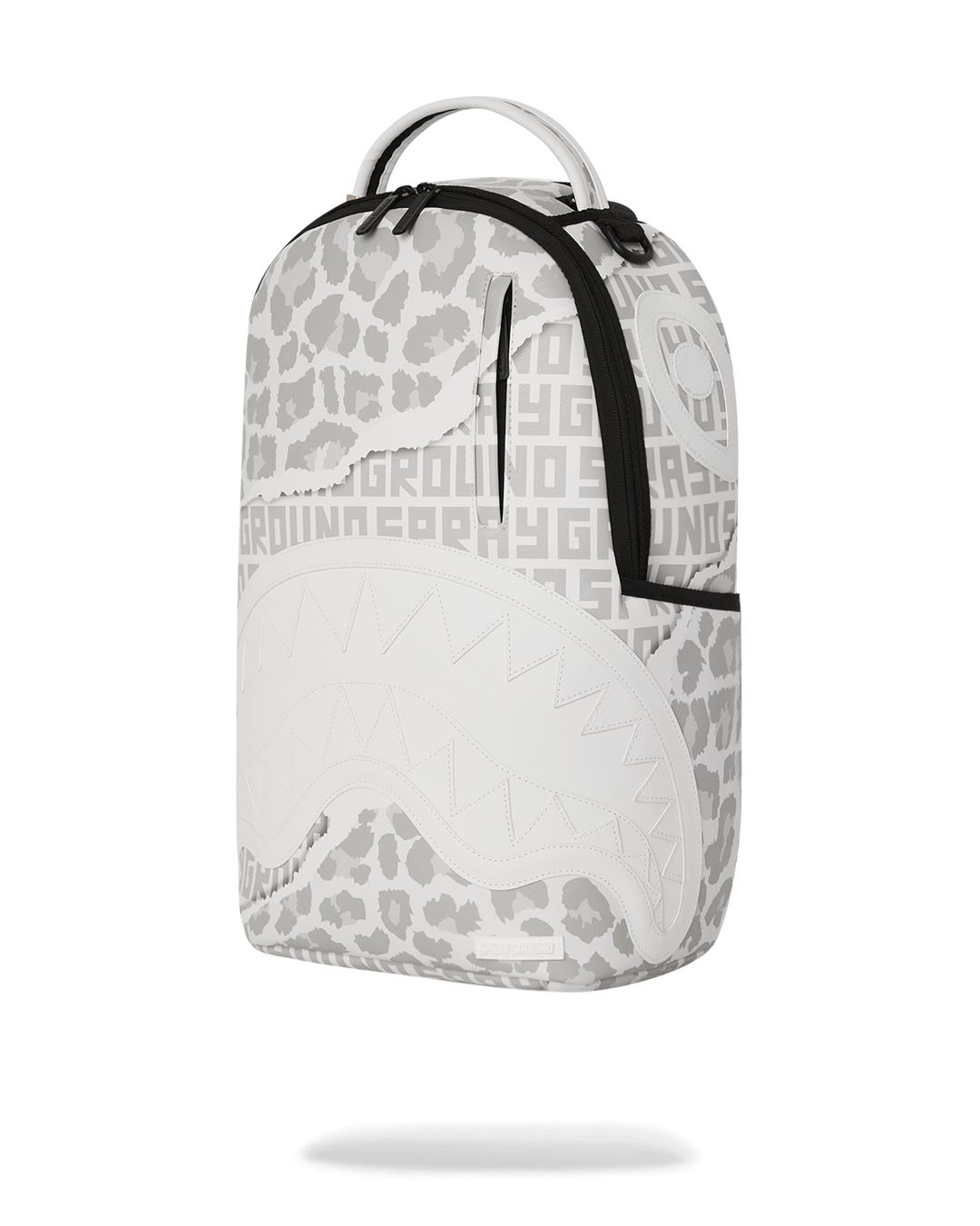 Front view of faux leather backpack with gold zippers and ergonomic straps
