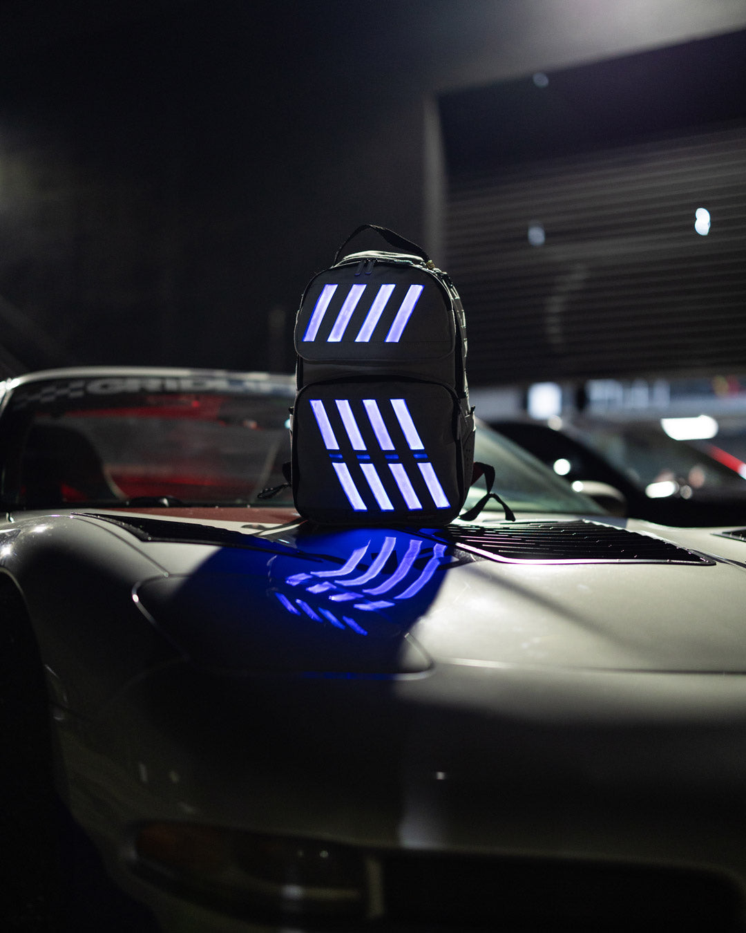 Close-up of the backpacks LED light settings and micro-USB charging port